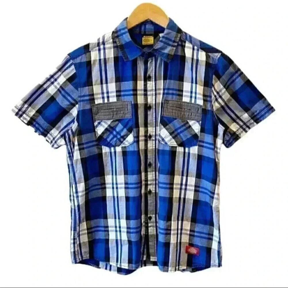 Dickie’s Button Front Shirt Short Sleeves Blue Grey White Plaid Boys Large
